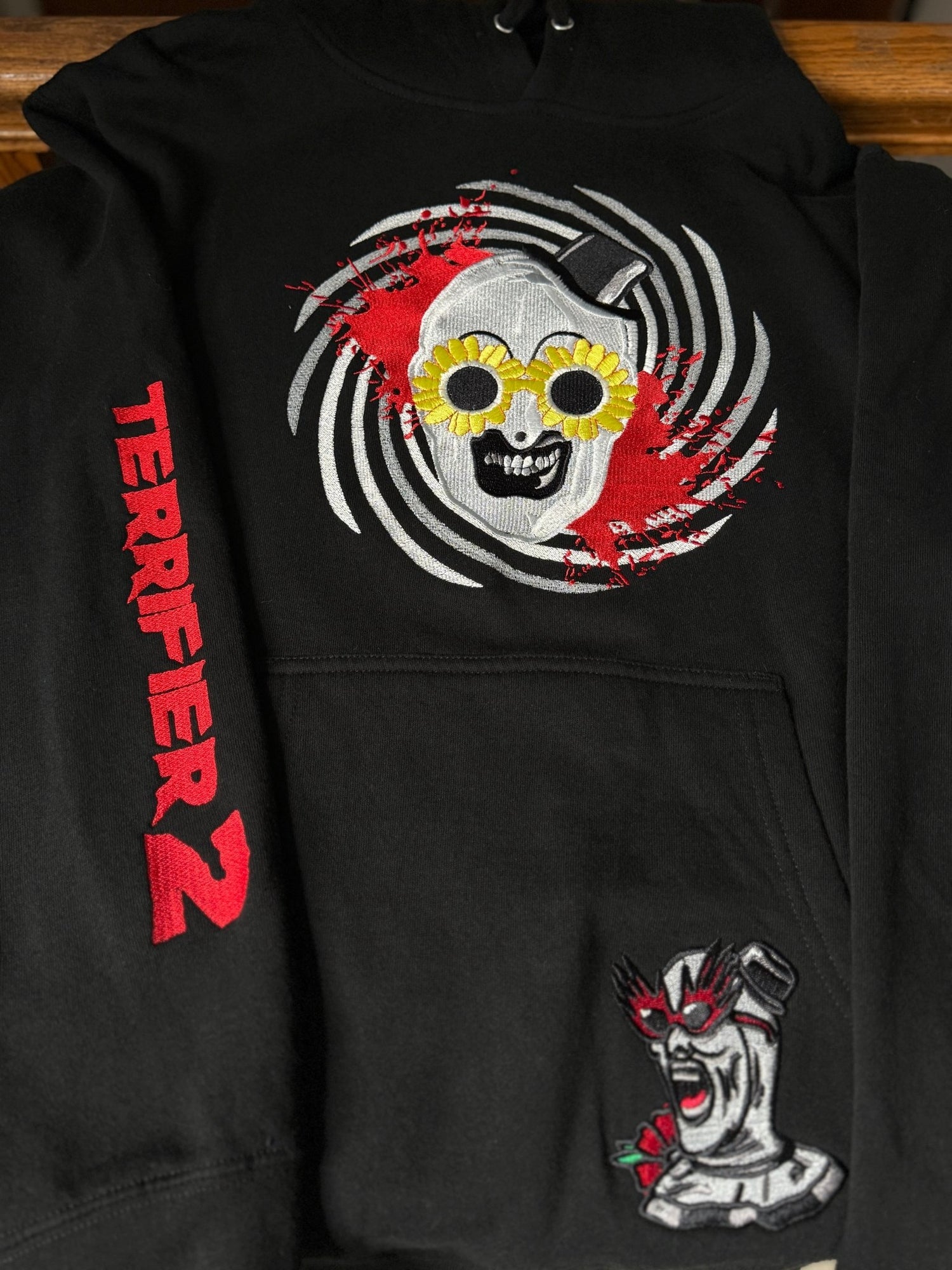 Terrifying Clown with Sunflower Sunglasses Embroidered Sweatshirt - DefiantThreads