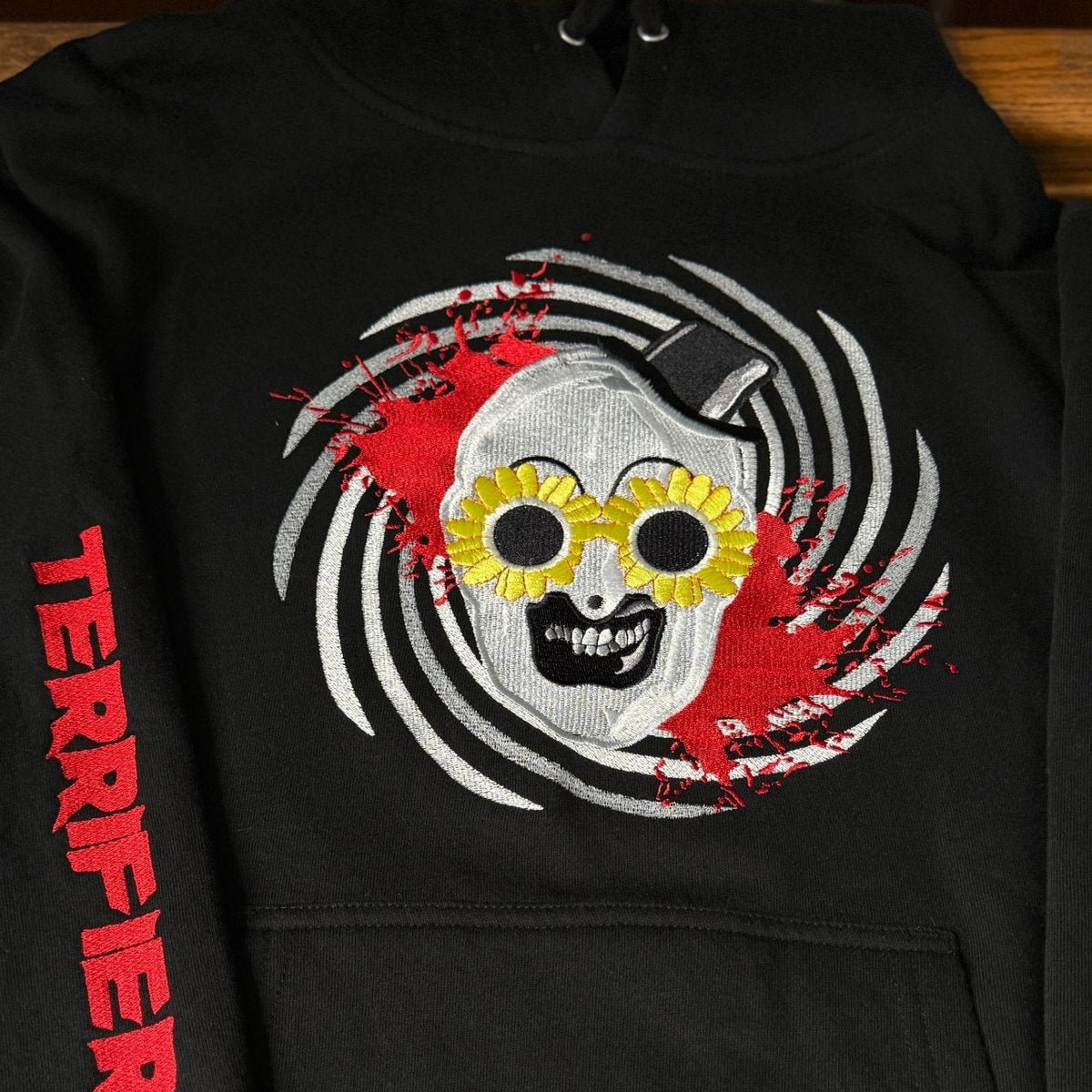 Terrifying Clown with Sunflower Sunglasses Embroidered Sweatshirt - DefiantThreads