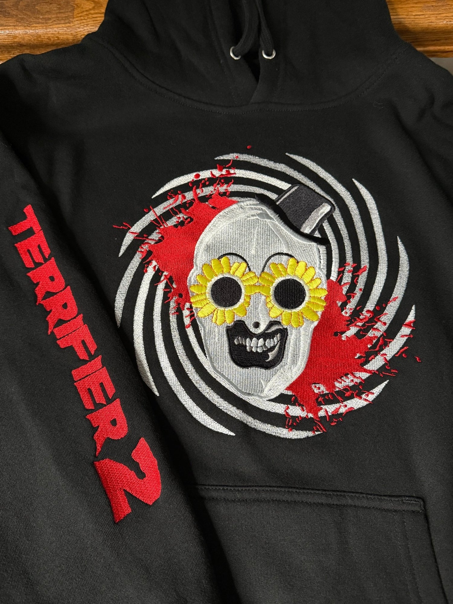 Terrifying Clown with Sunflower Sunglasses Embroidered Sweatshirt - DefiantThreads