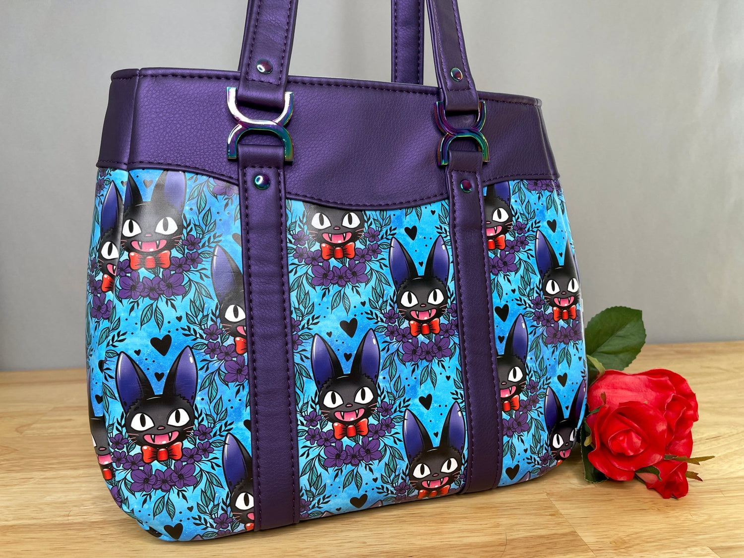 Purple Floral Black Cat Inspired Handbag - DefiantThreads