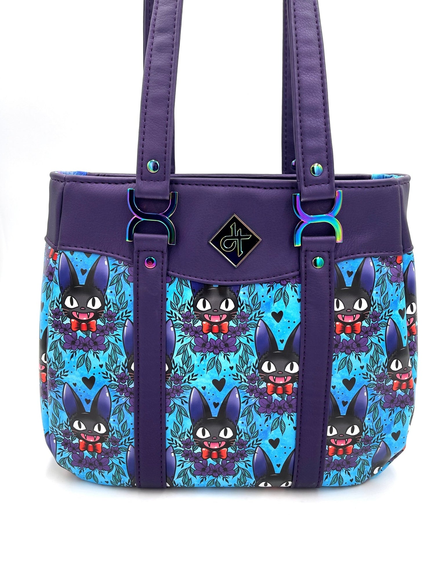 Purple Floral Black Cat Inspired Handbag - DefiantThreads