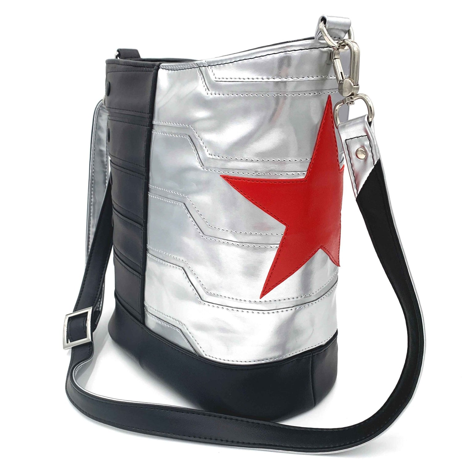 Black and Patent Silver Bucky Bucket Bag - DefiantThreads