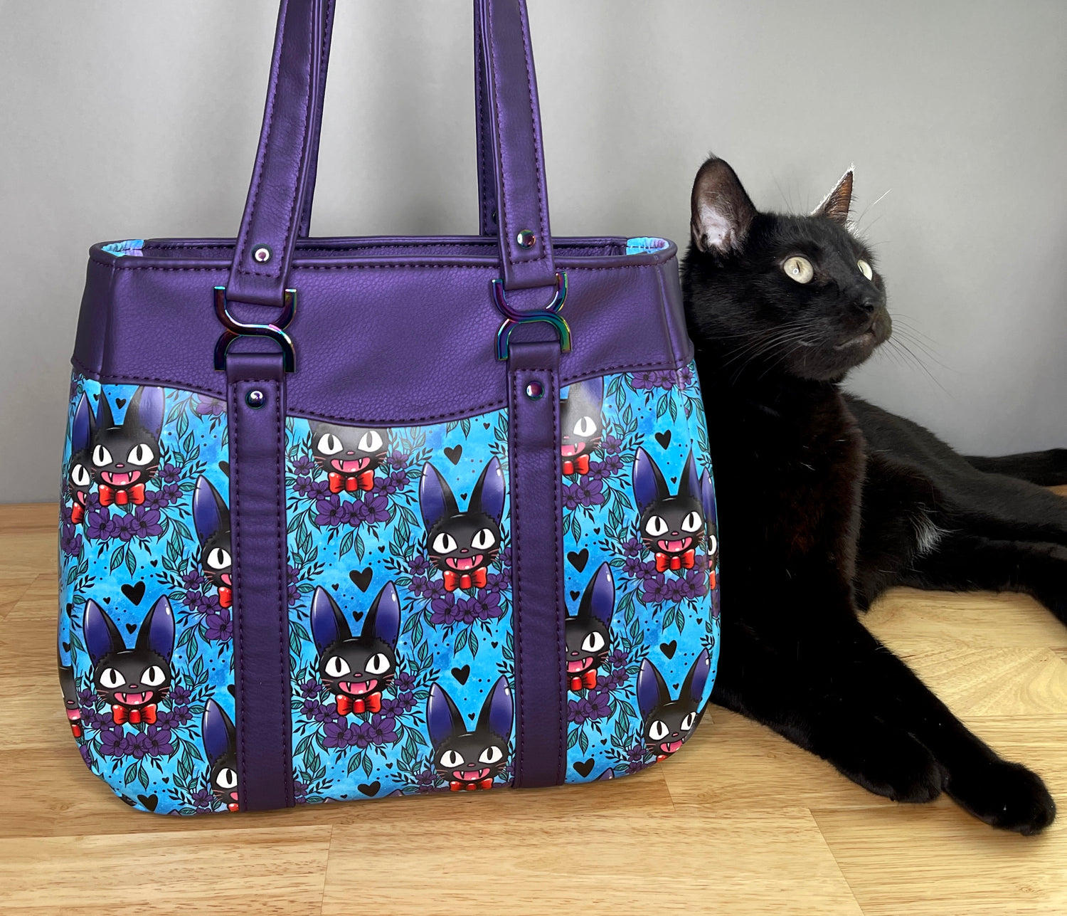 Purple Floral Black Cat Inspired Handbag