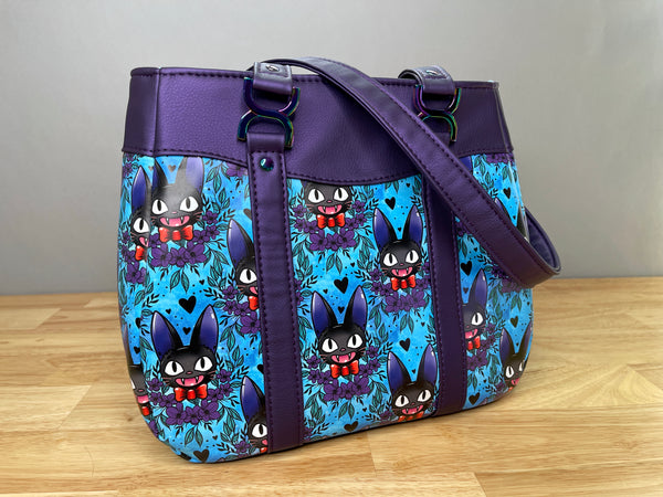 Purple Floral Black Cat Inspired Handbag