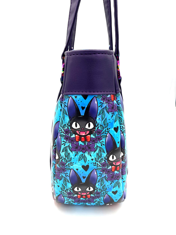 Purple Floral Black Cat Inspired Handbag