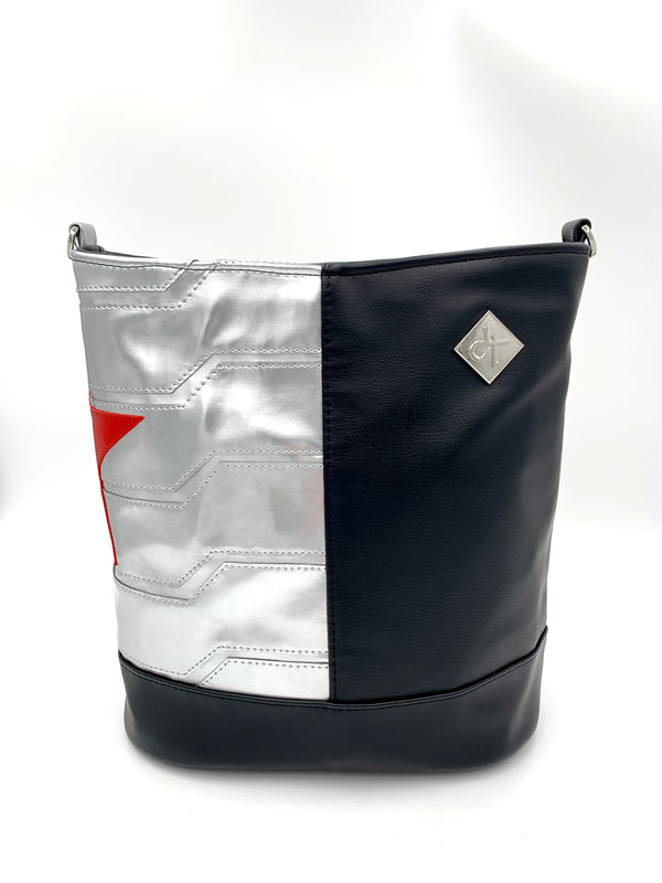 Black and Patent Silver Bucky Bucket Bag