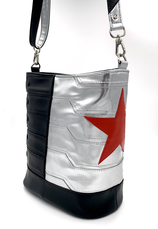 Black and Patent Silver Bucky Bucket Bag